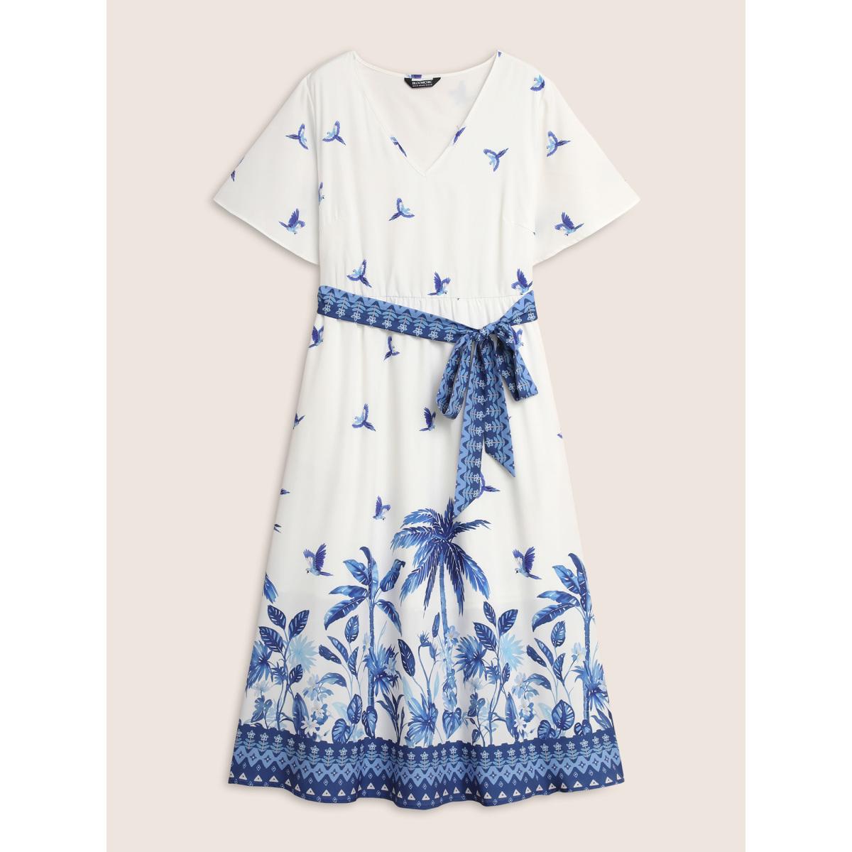 Plus Size V Neck Tropical Print Ruffle Sleeve Maxi Dress Mediumblue Women Resort Tie knot V-neck Short sleeve Curvy BloomChic 10/M Product Image