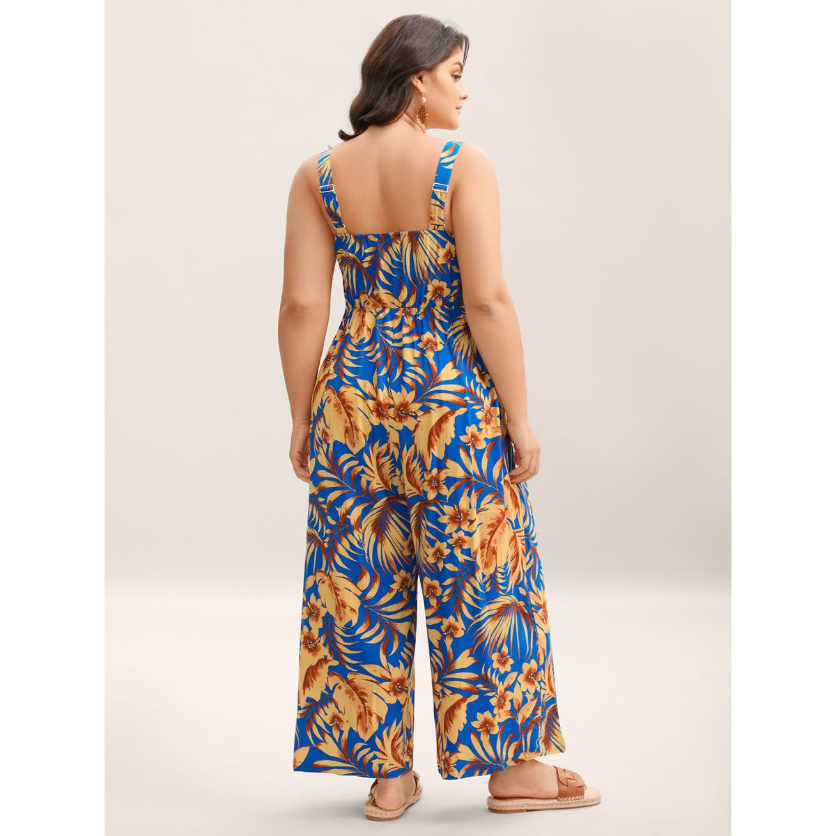 Plus Size Mediumblue Tropical Floral Print Pockets Jumpsuit Women Sleeveless Non Vacation Loose Jumpsuits BloomChic 14-16/1X Product Image