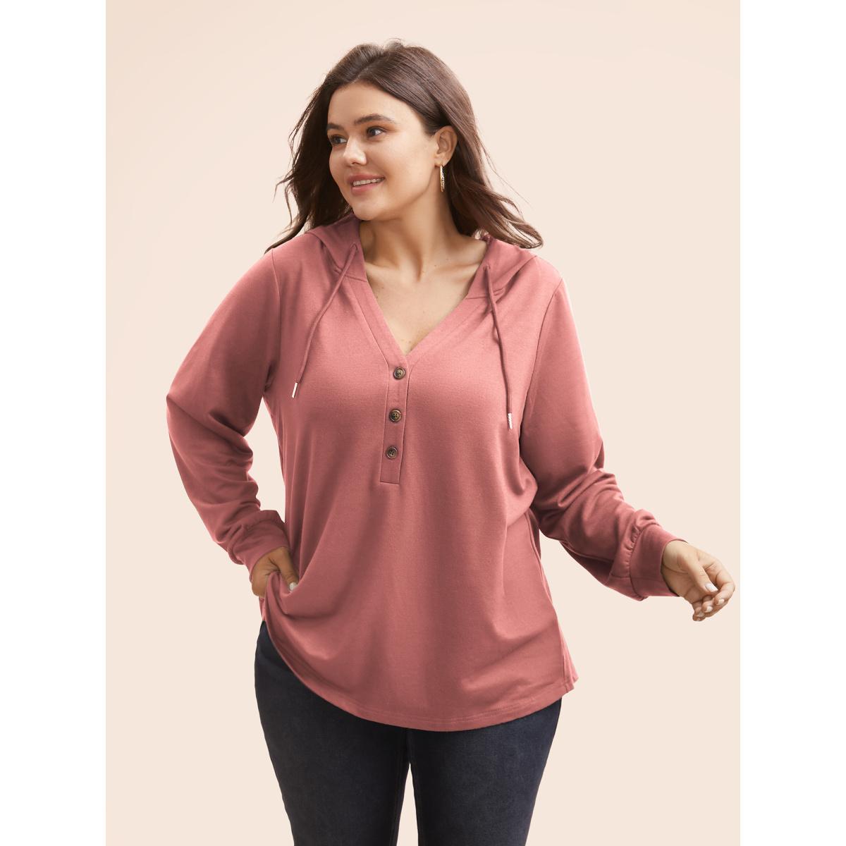 Plus Size Plain Button Up Drawstring Hooded Sweatshirt Women DustyPink Casual Elastic cuffs Hooded Dailywear Sweatshirts BloomChic 26/4X Product Image
