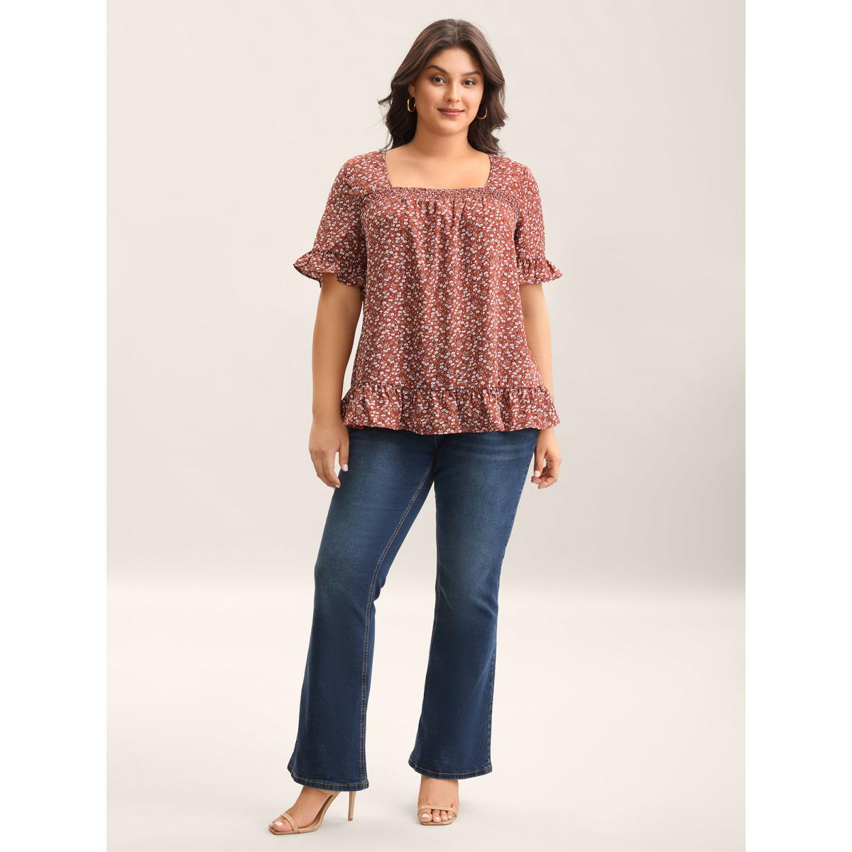Plus Size Rust Ditsy Floral Print Ruffled Hem Blouse Women Half Sleeve Square Neck Everyday-Elegant Blouses BloomChic 22-24/3X Product Image