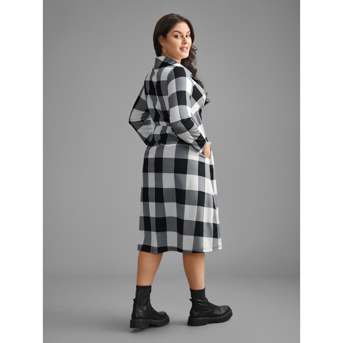 Plus Size Plaid Ruffled Collar Pocket Midi Dress Black Women Casual Non Ruffled collar Long Sleeve Curvy BloomChic 26/4X Product Image