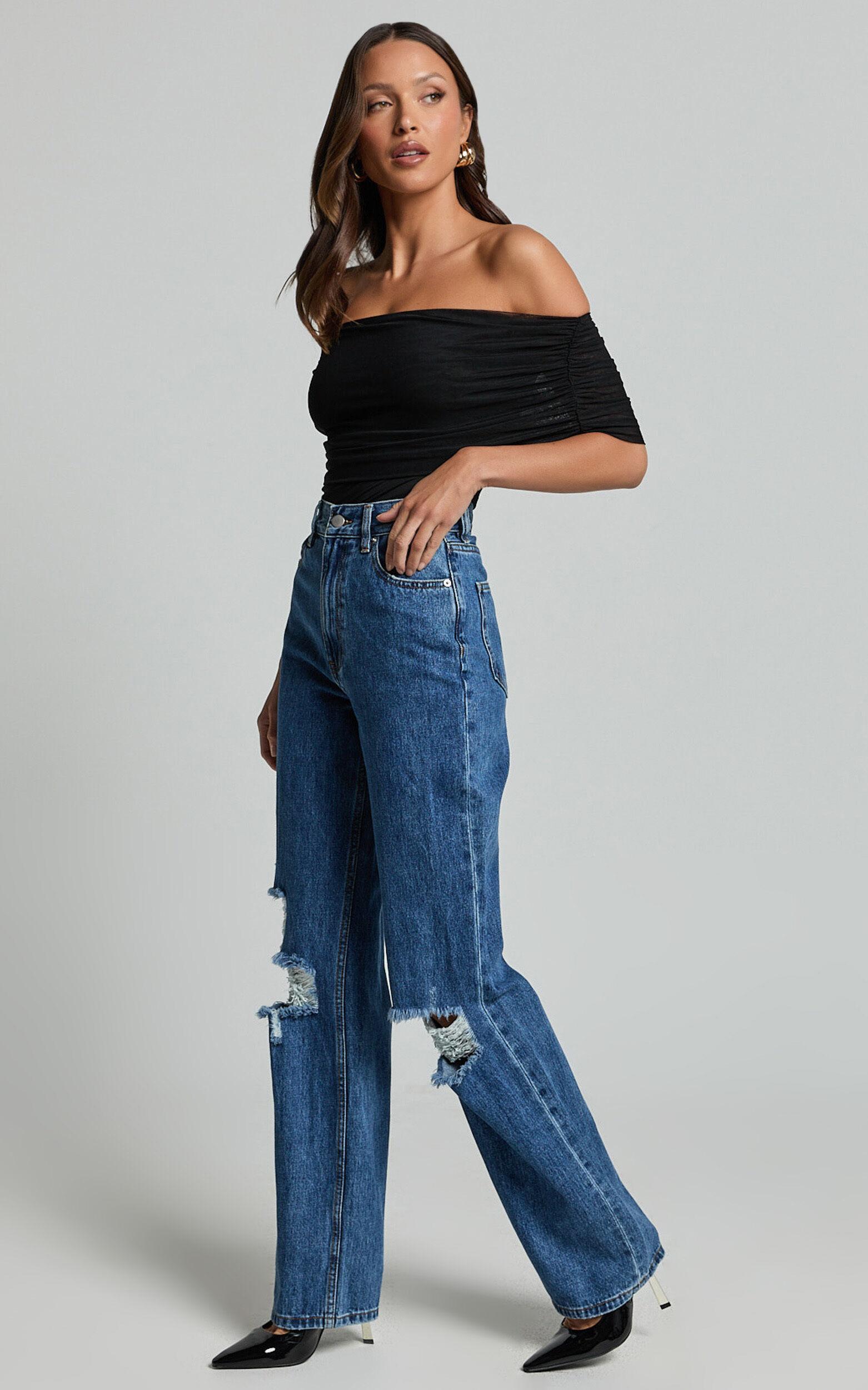 Miho Jeans - High Waisted Recycled Cotton Distressed Straight Leg Denim Jeans in Dark Blue Wash Product Image