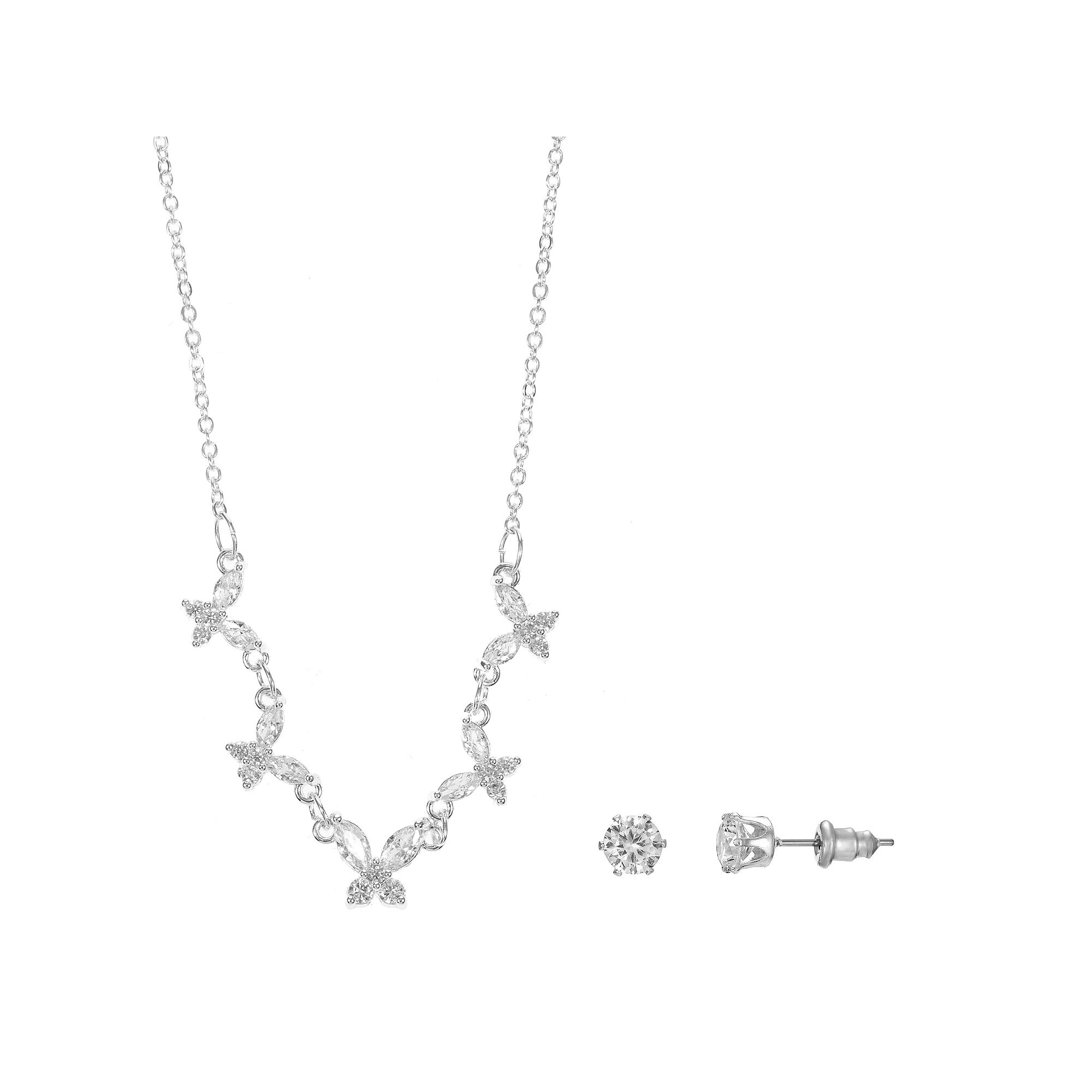 Silver Tone Cubic Zirconia Butterfly Necklace & Stud Earrings Set, Women's, Size: 18+3" Product Image
