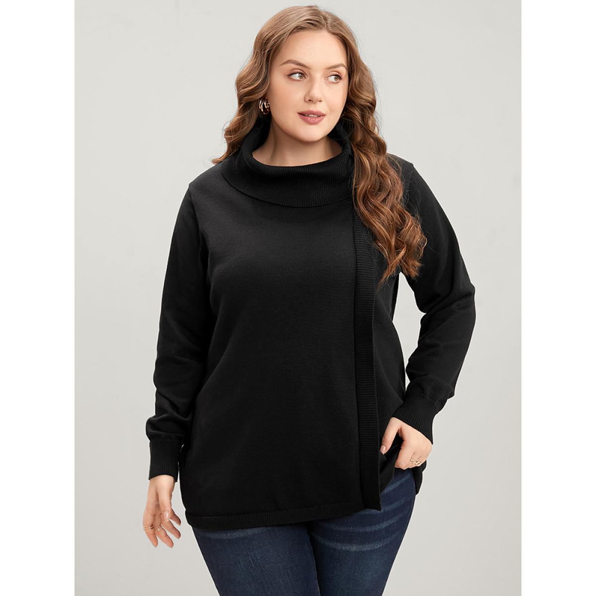 Plus Size Solid Super Soft Knit Tie Funnel Neck Knit Top Black Women Elegant Long Sleeve Turtleneck Dailywear Pullovers BloomChic 22-24/3X Product Image