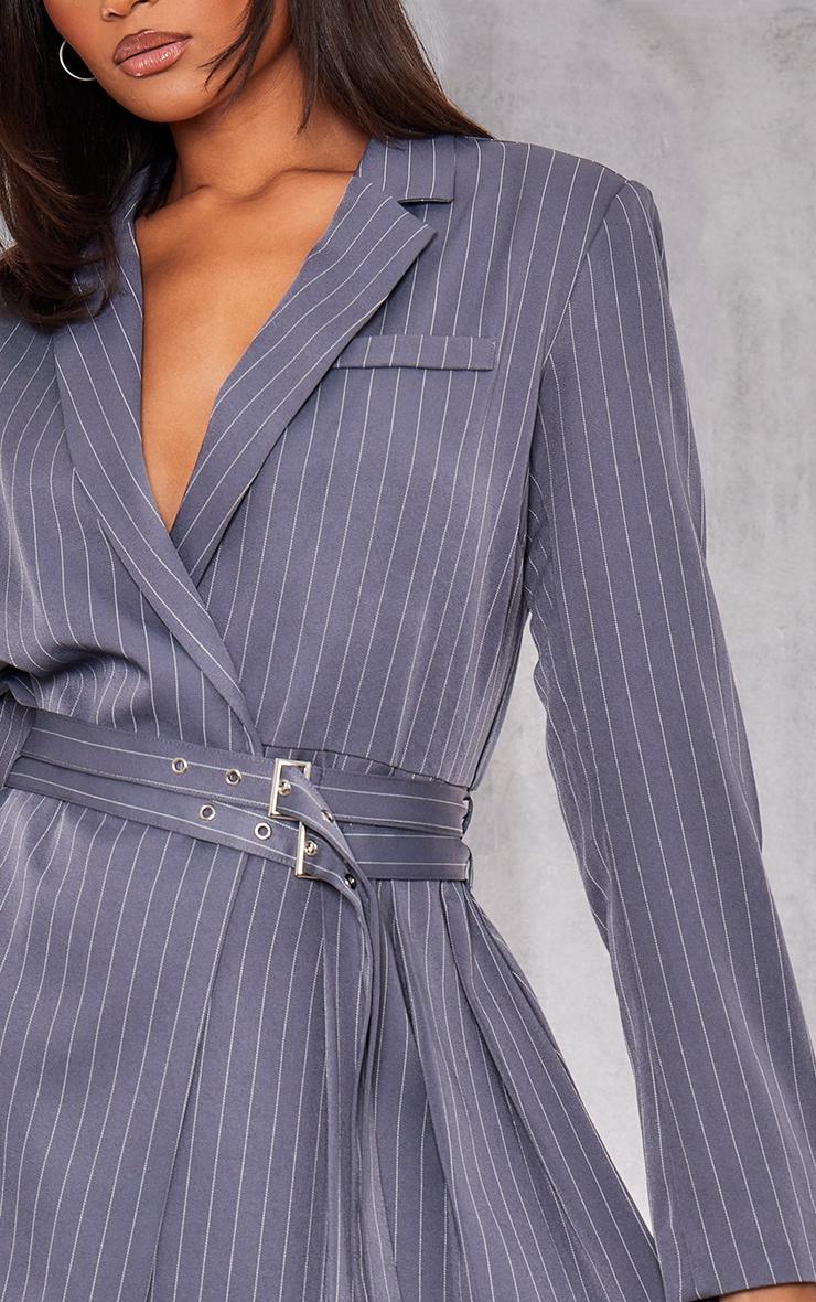 Grey Pinstripe Belted Blazer Dress Product Image