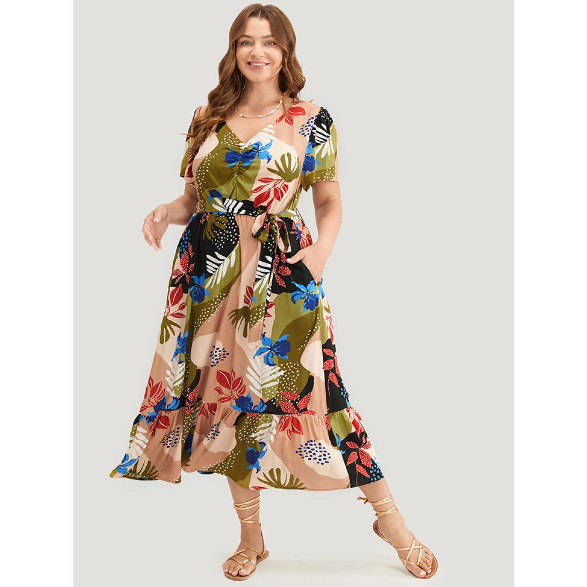 Plus Size Tropical Print Ruched Front Belt Pocket Flutter Hem Dress Multicolor Women Vacation Gathered V-neck Short sleeve Curvy Midi Dress BloomChic 14-16/1X Product Image