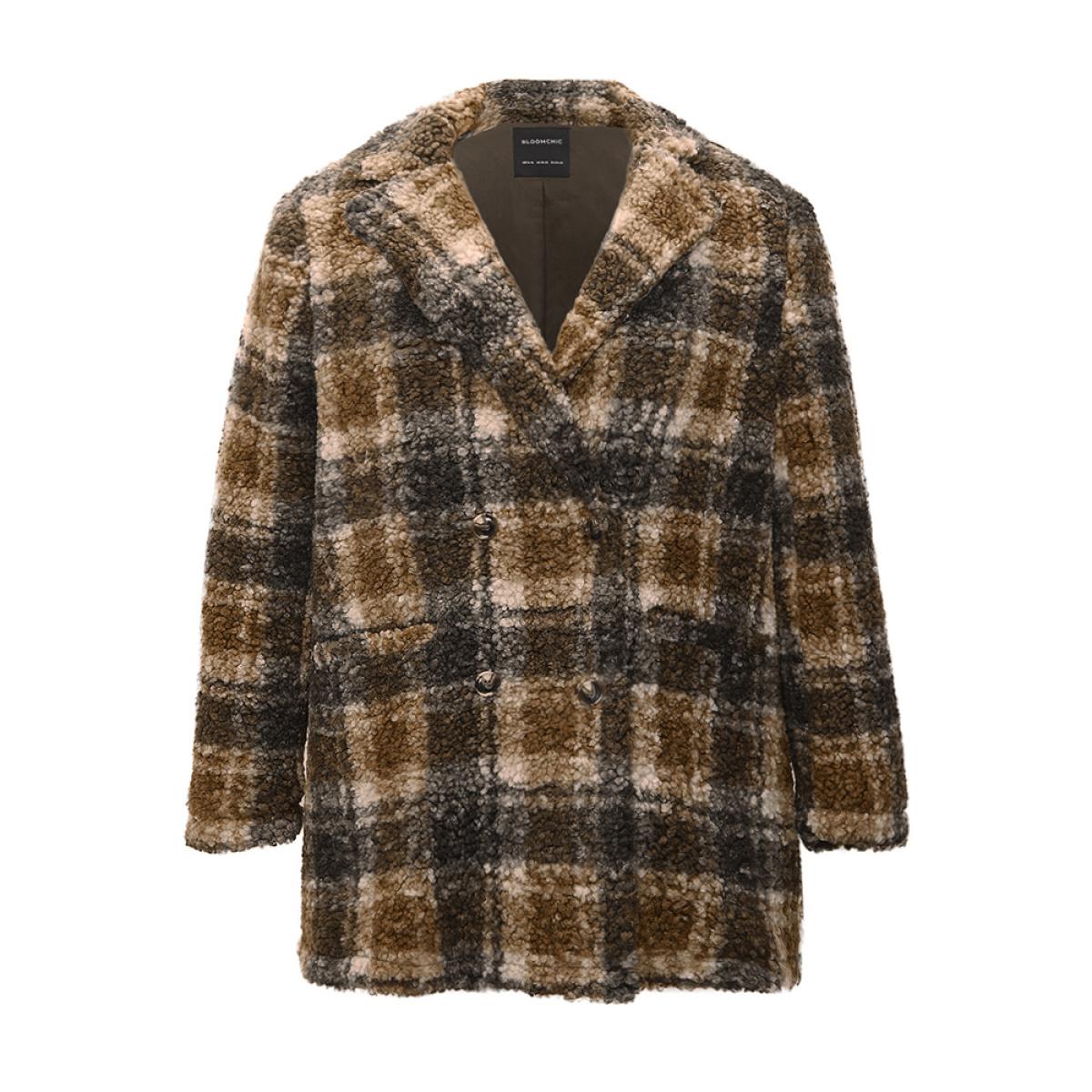 Plus Size Plaid Pocket Double Breasted Teddy Coat Women Tan Casual Pocket Ladies Dailywear Winter Coats BloomChic 12/L Product Image