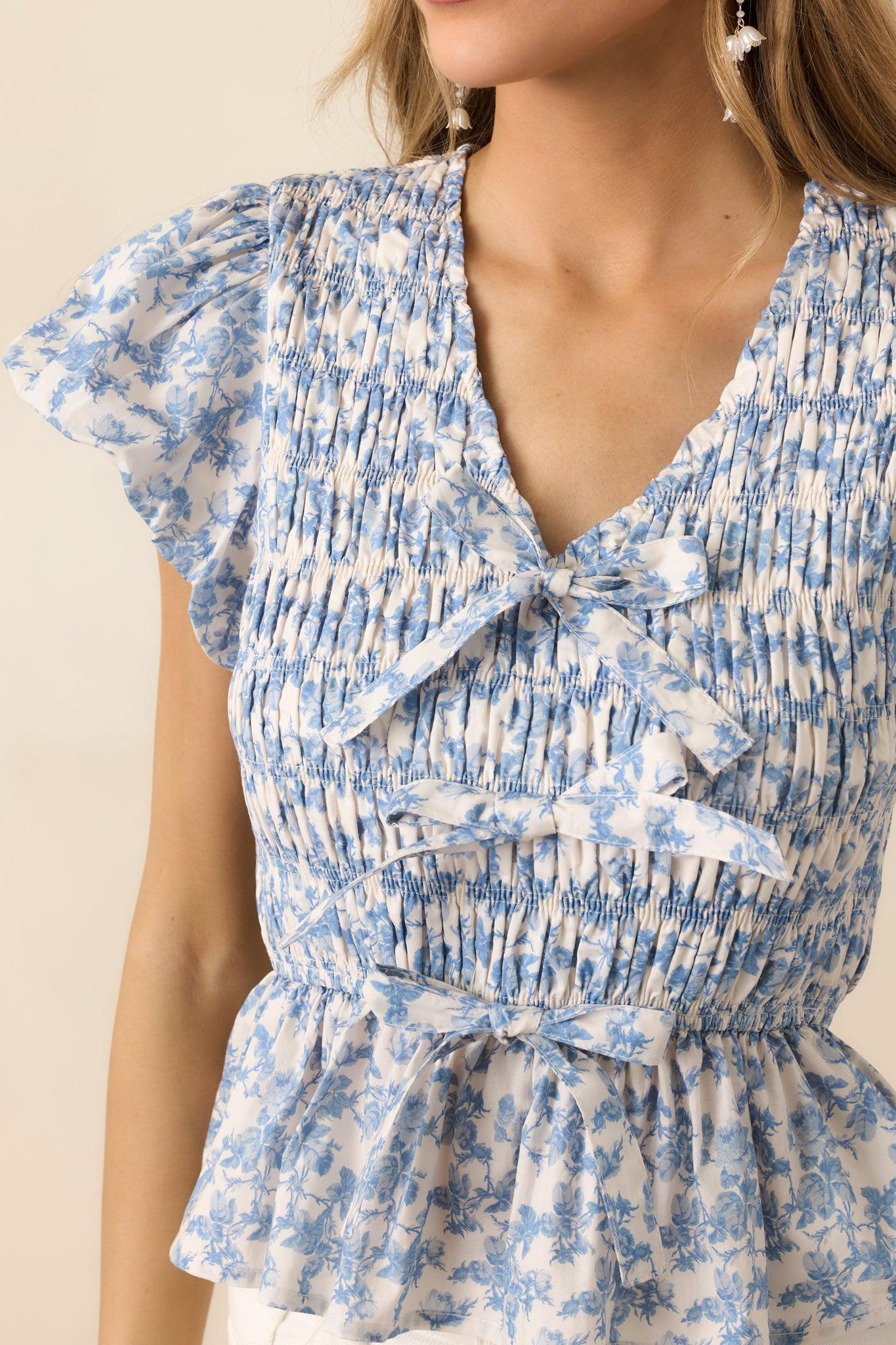 Wildflower Valley Light Blue Floral Cotton Puff Sleeve Top Product Image