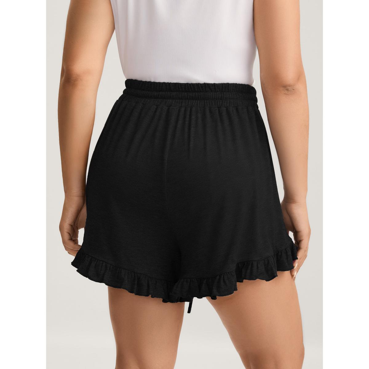 Plus Size Supersoft Mixed Color Knit Drawstring Ruffled Shorts Women Black Leisure Drawstring Wide Leg Casual Shorts BloomChic 10/M Product Image