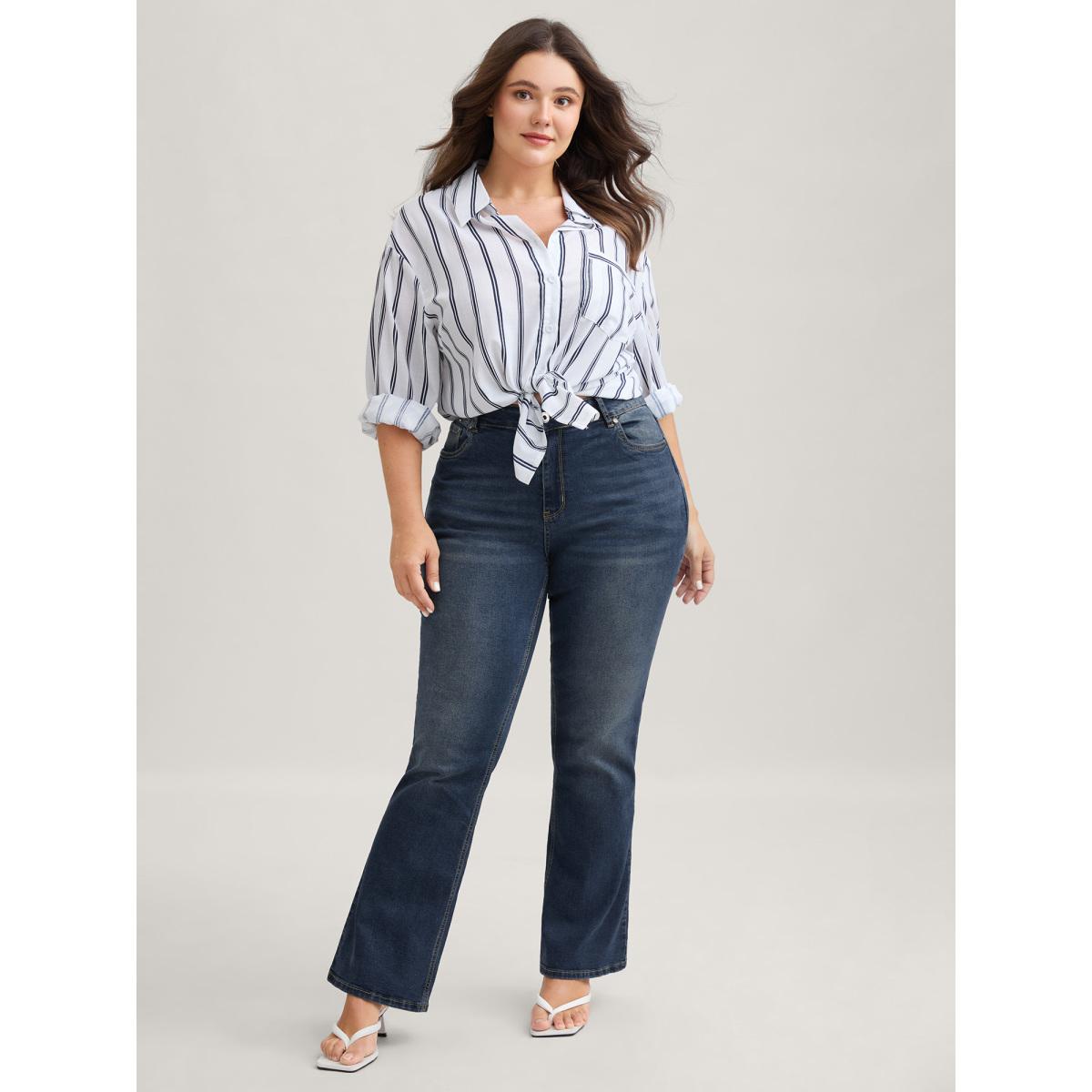 Plus Size Bootcut Very Stretchy Mid Rise Medium Wash Sculpt Waist Jeans Women Blue Timeless Plain Non High stretch Slanted pocket Jeans BloomChic 22/3X Product Image