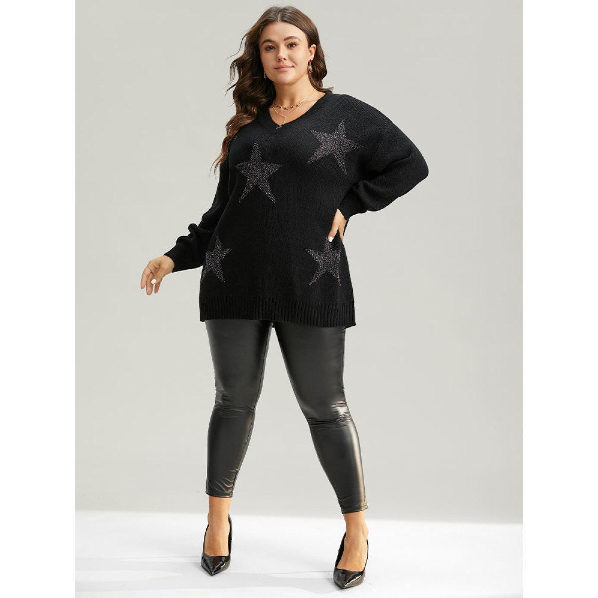 Plus Size V Neck Plain Star Luxe Pullover Black Women Casual Loose Long Sleeve V-neck Dailywear Pullovers BloomChic 12/L Product Image