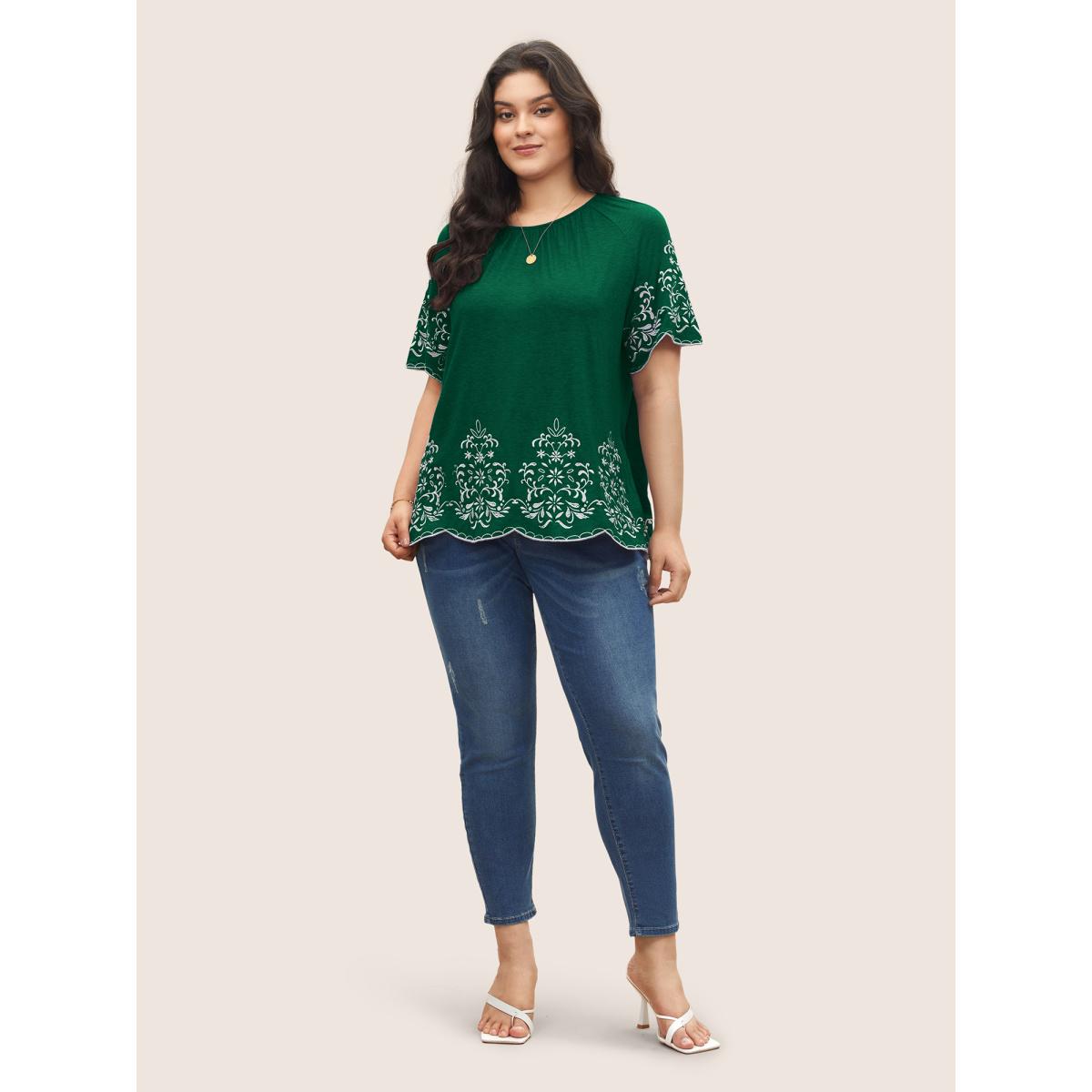 Plus Size Embroidered Scalloped Trim Gathered T-shirt DarkGreen Women Elegant Embroidered Round Neck Everyday T-shirts BloomChic 28/5X Product Image