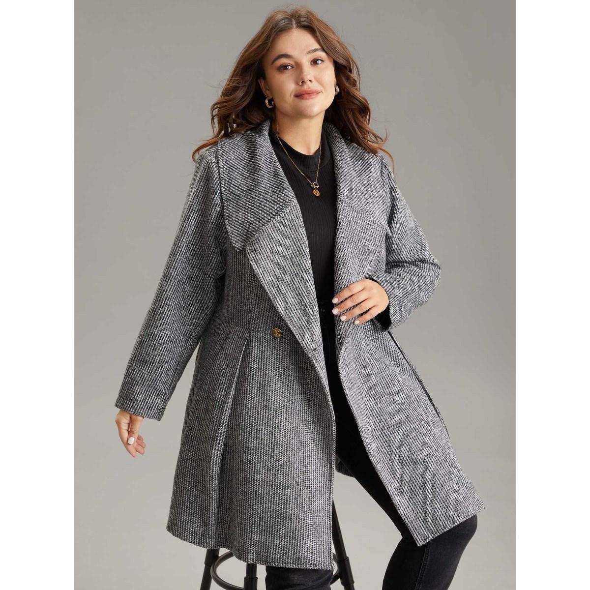 Plus Size Tweed Lapel Collar Double Breasted Plicated Detail Coat Women DimGray Casual Texture Ladies Dailywear Winter Coats BloomChic 22-24/3X Product Image