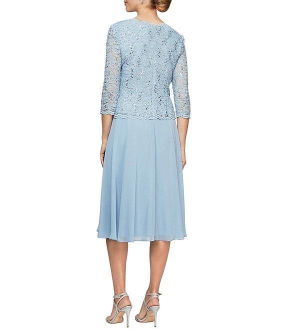 Alex Evenings Crew Neck 3/4 Sleeve Sequin Floral Lace Bodice Chiffon A-Line Midi Dress Product Image