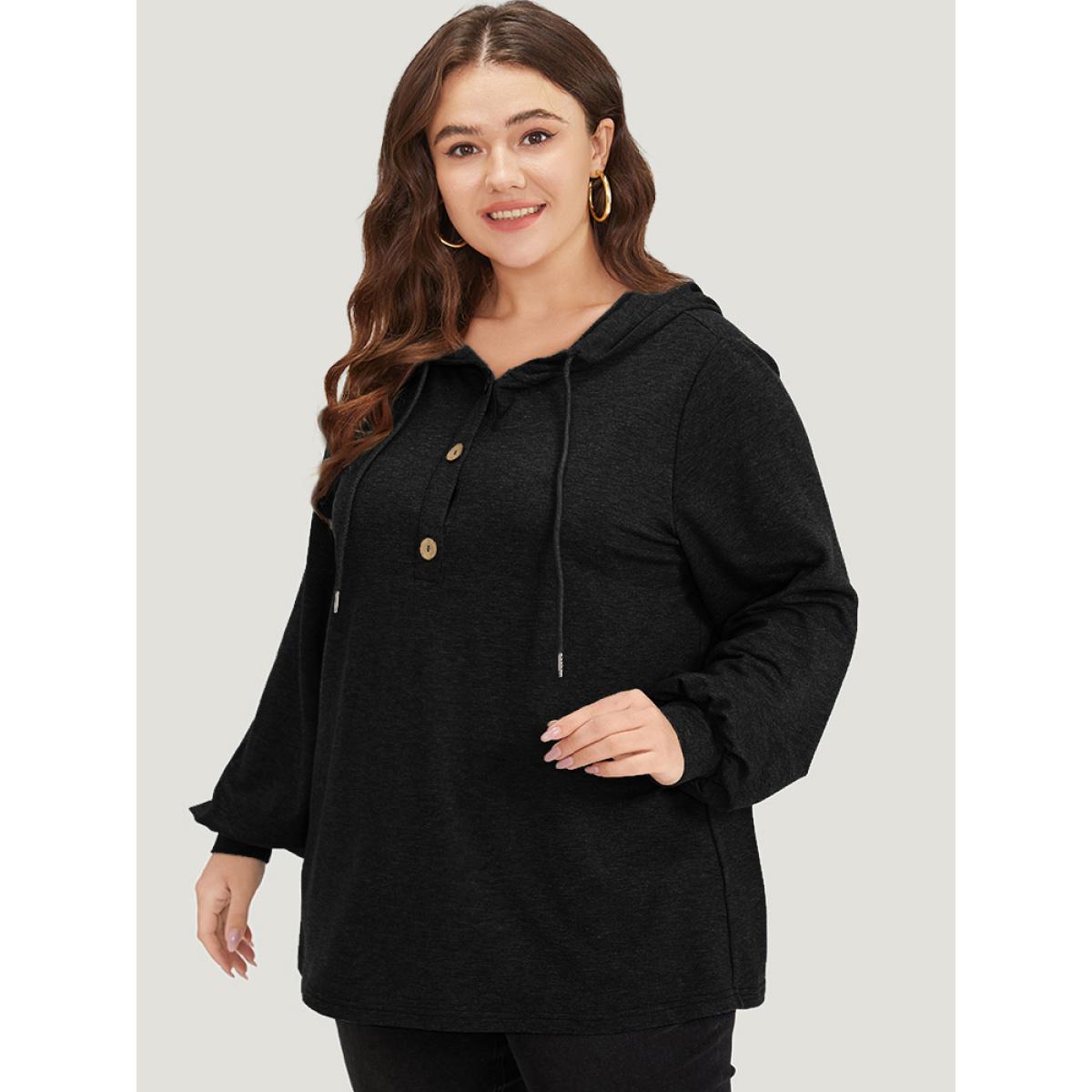 Plus Size Plain Drawstring Button Up Hooded Elastic Cuffs Sweatshirt Women Black Casual Elastic cuffs Hooded Dailywear Sweatshirts BloomChic 12/L Product Image