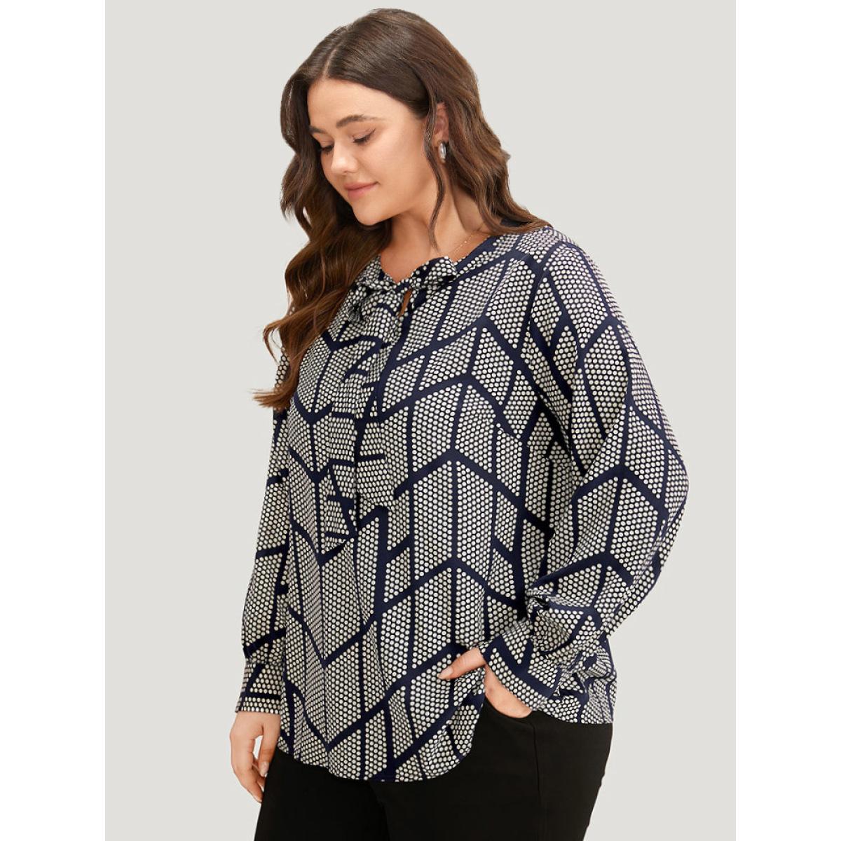 Plus Size Indigo Polka Dot Knot Neck Blouse Women Office Long Sleeve Tie Neck Work Blouses BloomChic 22-24/3X Product Image