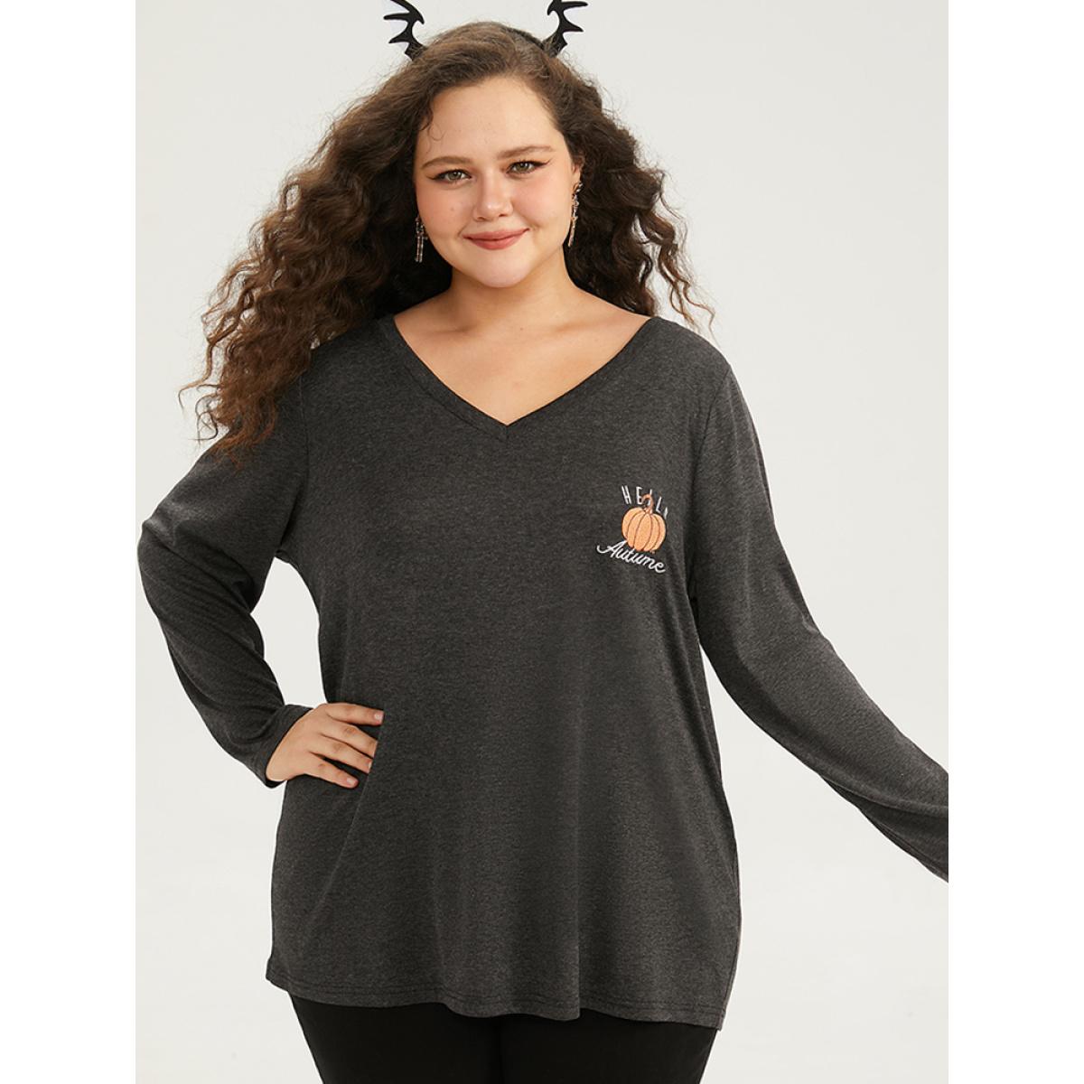 Plus Size Halloween Pumpkin Embroidered V Neck T-shirt DimGray Women Casual Embroidered Graphic-Halloween Festival-Halloween T-shirts BloomChic 26/4X Product Image