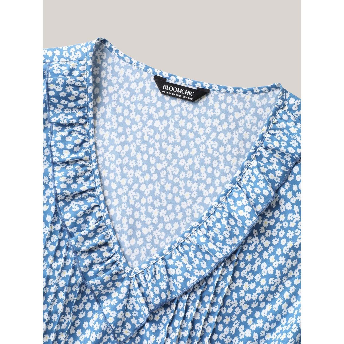 Plus Size Floral Print Ruffled Neck Midi Dress LightBlue Women V-neck Cap Sleeve Curvy BloomChic 10/M Product Image