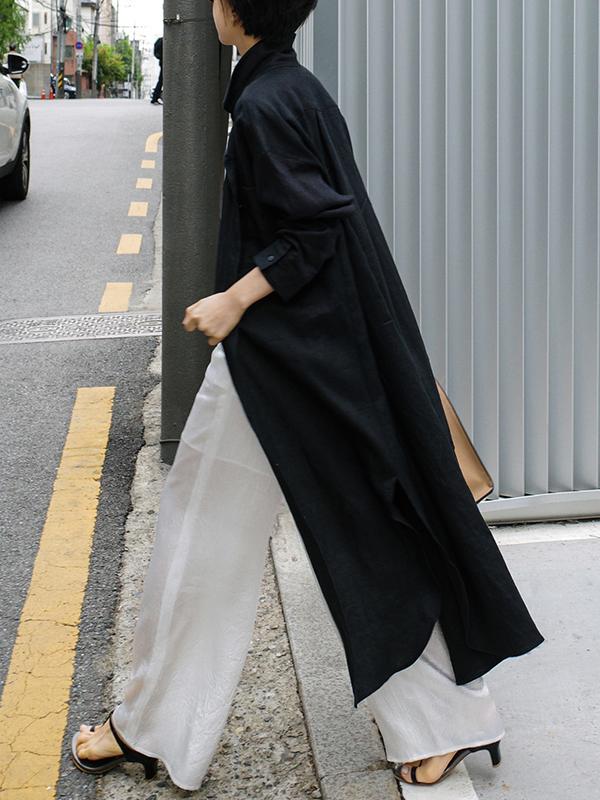 Simple Long Sleeves Split-Side Solid Color Lapel Midi Dresses Shirt Dress Product Image