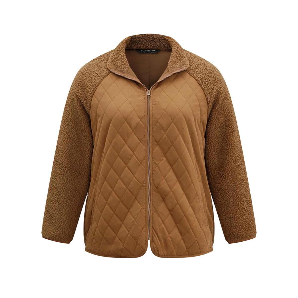 Plus Size Fuzzy Raglan Sleeve Quilted Zipper Fly Jacket Women Chocolate Casual Texture Ladies Dailywear Winter Coats BloomChic 12/L Product Image