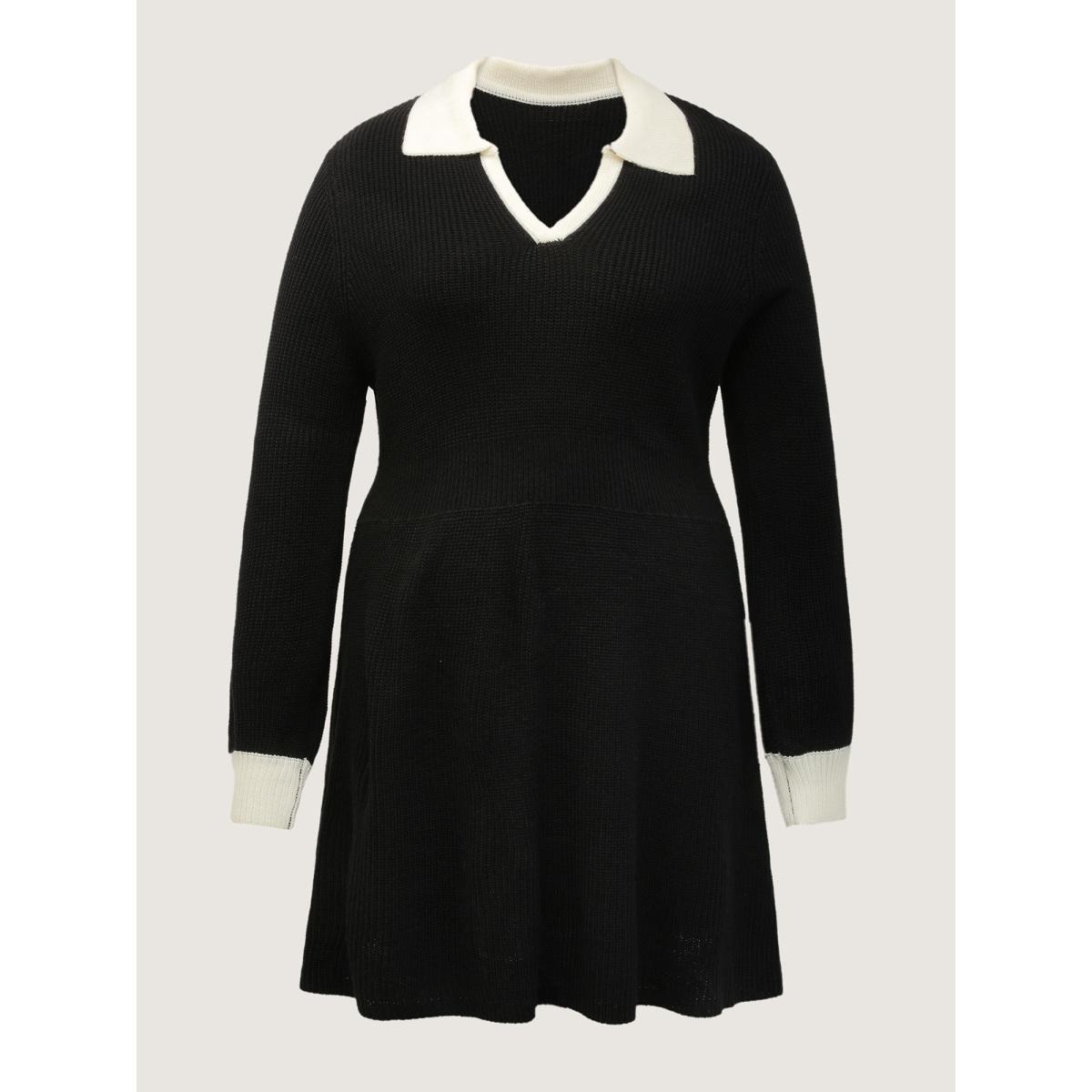 Plus Size Polo Collar Textured Waist Defining Knit Dress Black Women Timeless Bodycon Long Sleeve Elegant Sweater Dresses BloomChic 18-20/2X Product Image