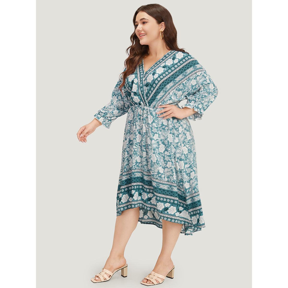 Plus Size Floral Print Pocket Surplice Neck Ruffle Trim Dress Turquoise Women Vacation Elastic cuffs V-neck Elbow-length sleeve Curvy Midi Dress BloomChic 14-16/1X Product Image