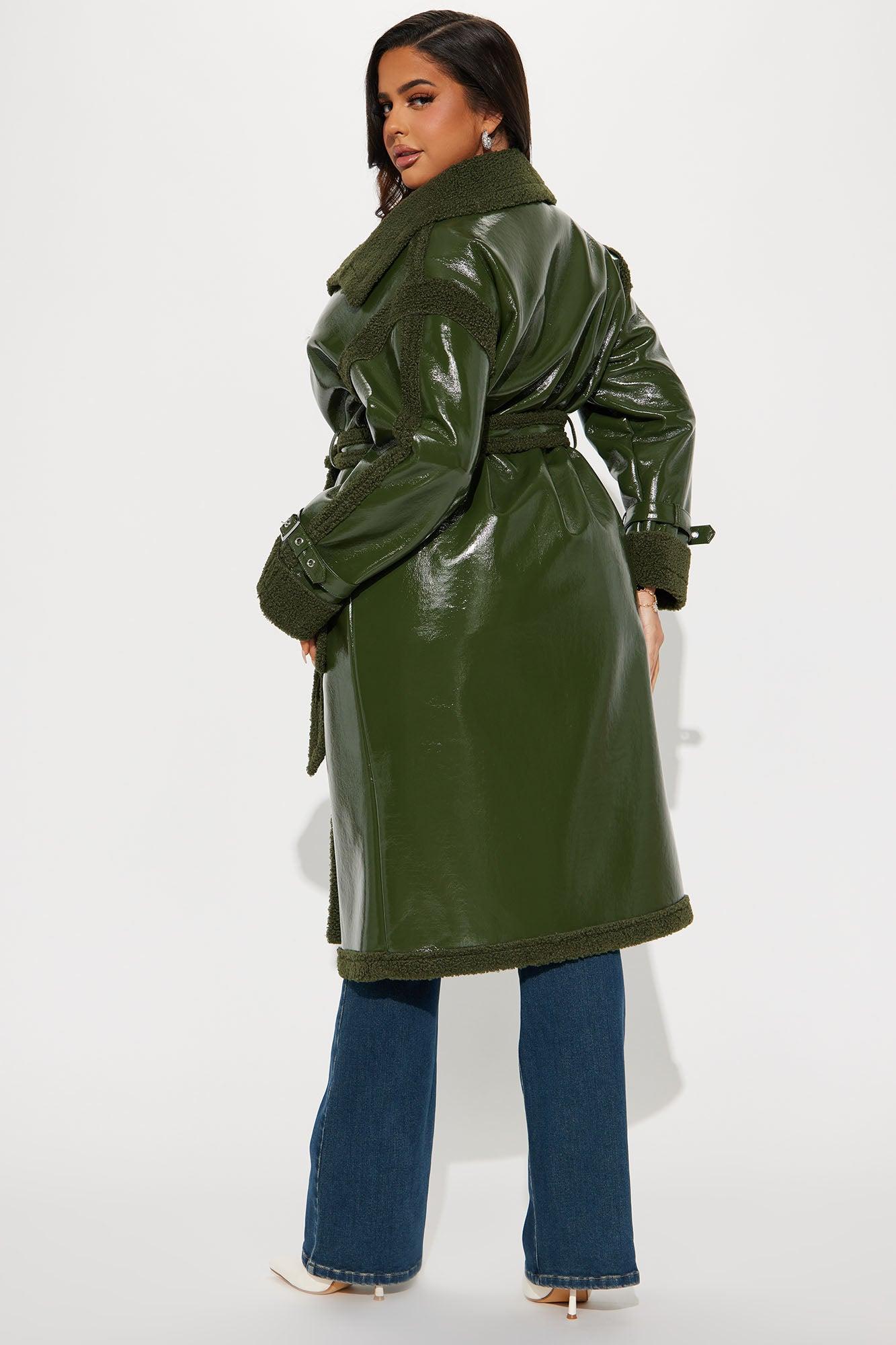 Bad Ideas Shearling Trench Coat - Olive Female Product Image