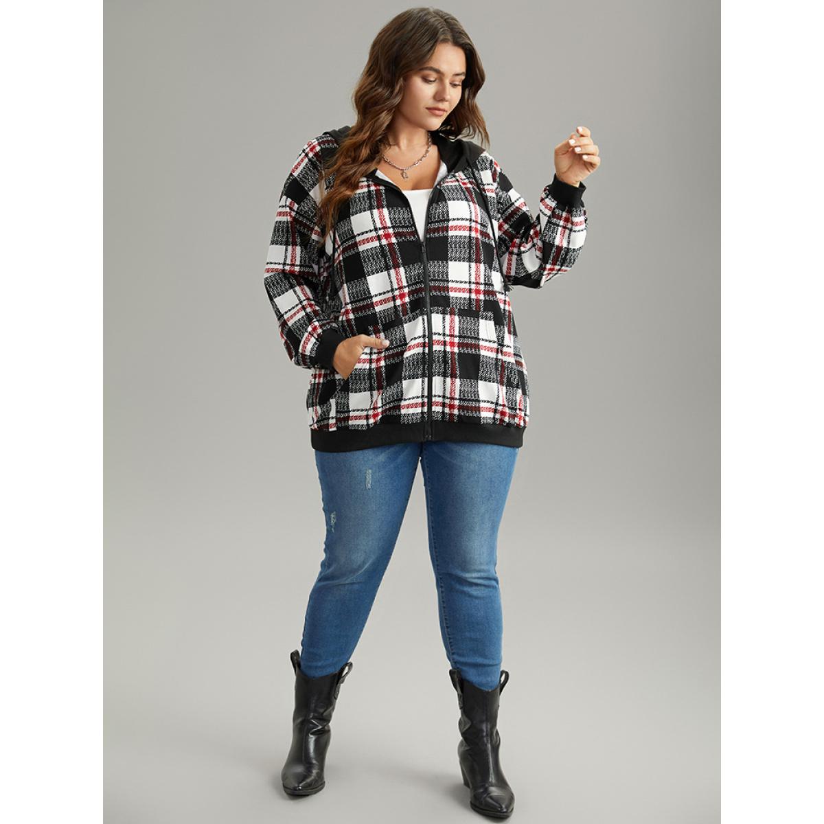 Plus Size Plaid Hooded Drawstring Zipper Sweatshirt Women Black Casual Elastic cuffs Hooded Dailywear Sweatshirts BloomChic 14-16/1X Product Image