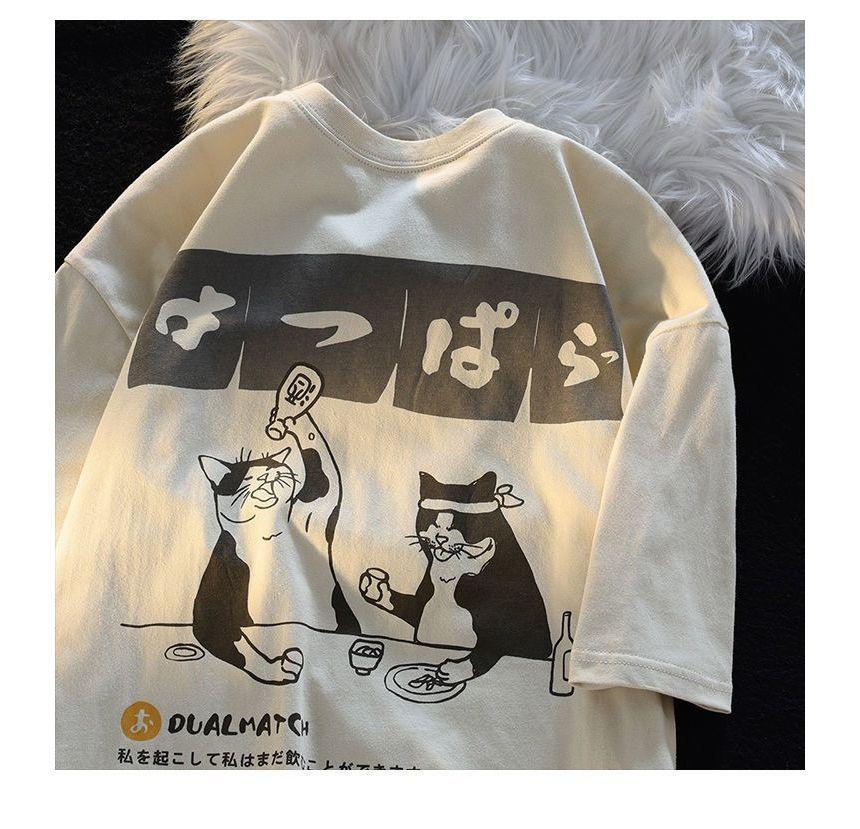 Short-Sleeve Cat Print Loose-Fit Tee Product Image