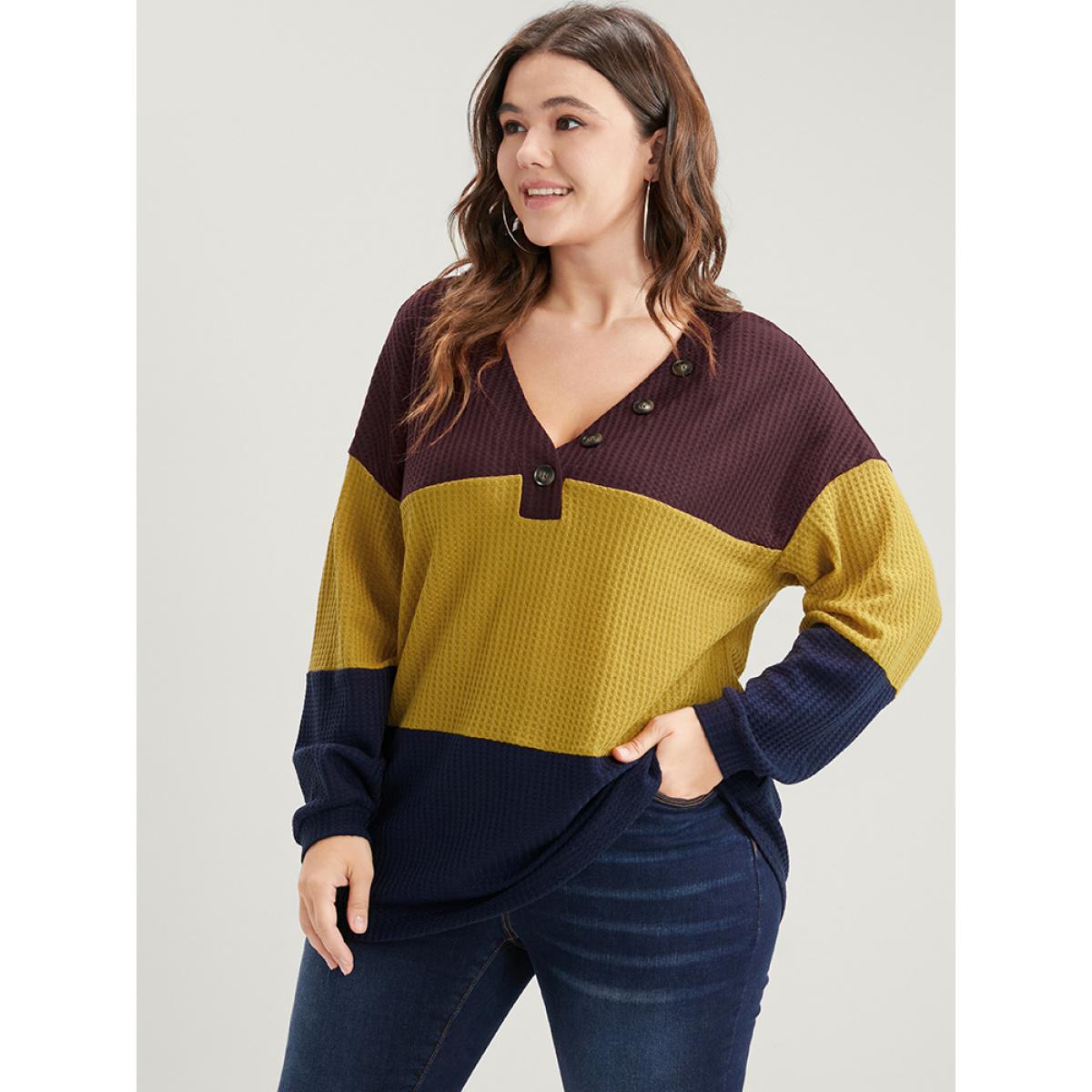 Plus Size Colorblock Contrast Button Detail Waffle Knit Sweatshirt Women Multicolor Casual Patchwork V-neck Dailywear Sweatshirts BloomChic 18-20/2X Product Image