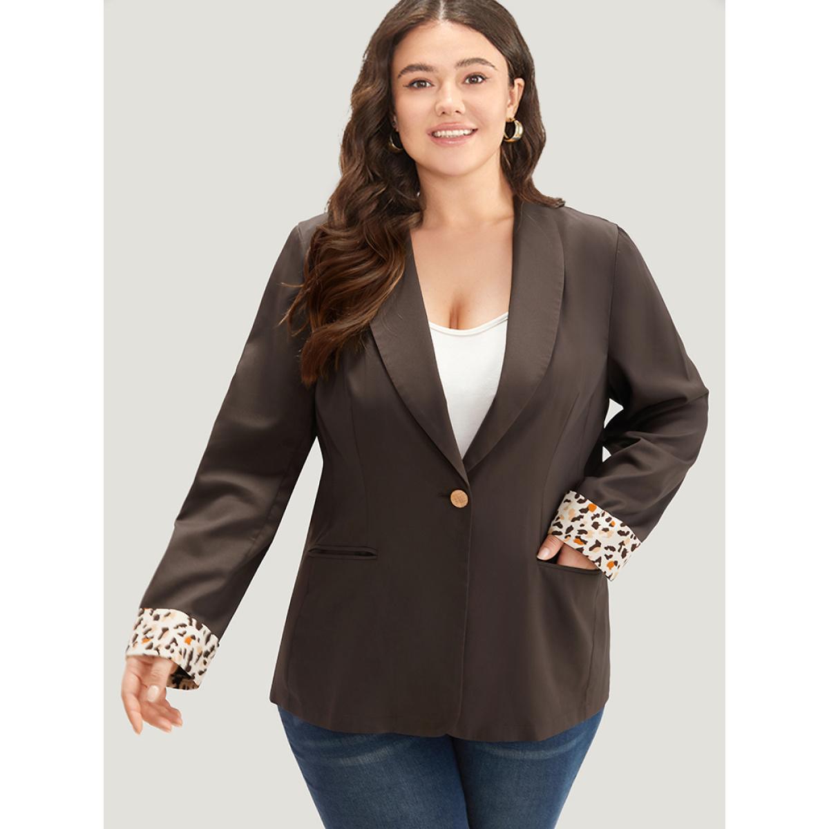Plus Size Lapel Collar Patchwork Leopard Print Blazer DimGray Women Work Plain Contrast Sleeve Long Sleeve Lapel Collar 22-24/3X Pocket Office Blazers BloomChic Product Image