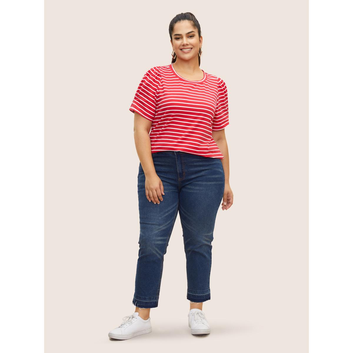 Plus Size Round Neck Striped Bishop Sleeve T-shirt Brightred Women Casual Gathered Round Neck Everyday T-shirts BloomChic 12/L Product Image