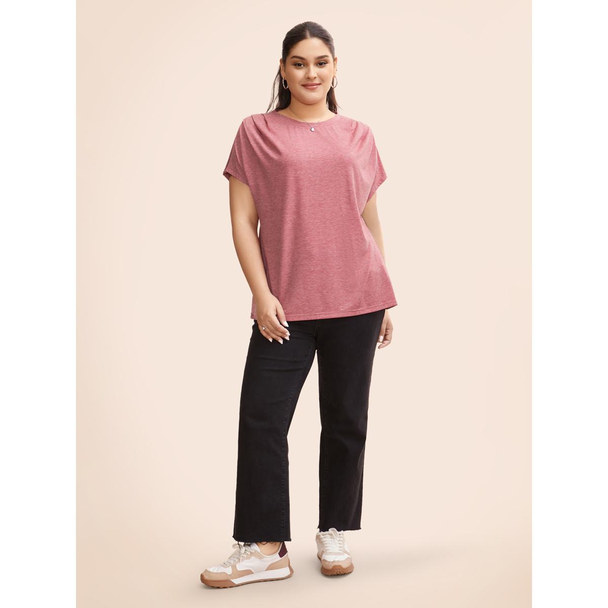 Plus Size Crew Neck Pleated Dolman Sleeve T-shirt Rouge Women Casual Pleated Round Neck Everyday T-shirts BloomChic 28/5X Product Image