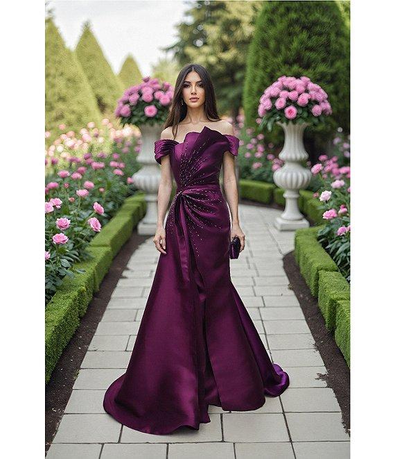 Terani Couture Off-The-Shoulder Ruched Bodice With Beading Mikado Mermaid Gown Product Image