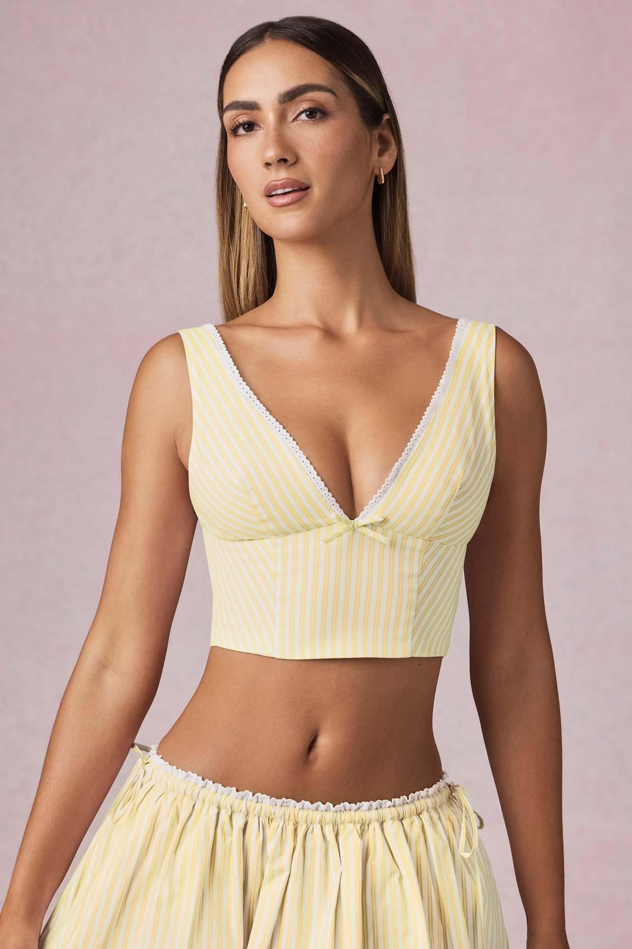 Bow-Detail Crop Top in Lemon Yellow Stripe Product Image