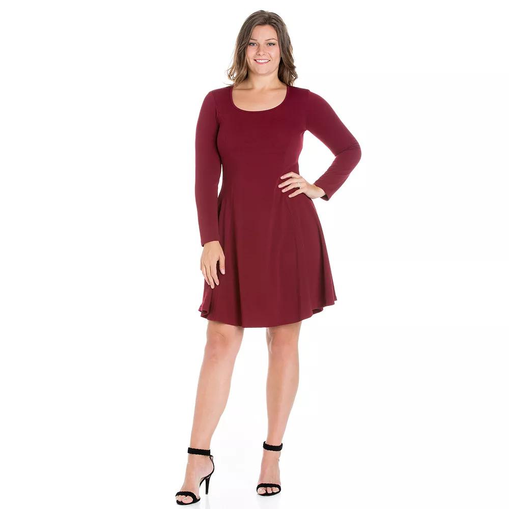 Plus Size 24seven Comfort Apparel Long Sleeve Knee Length Skater Dress, Women's, Size: 2XL, Red Product Image
