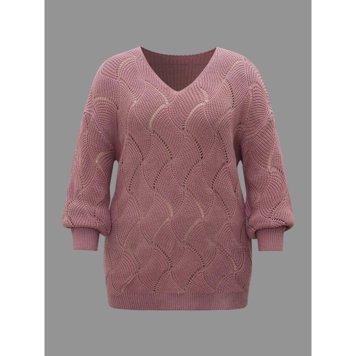 Plus Size V Neck Cut-Out Pattern Textured Pullover Rouge Women Casual Loose Long Sleeve V-neck Everyday Pullovers BloomChic 30/6X Product Image