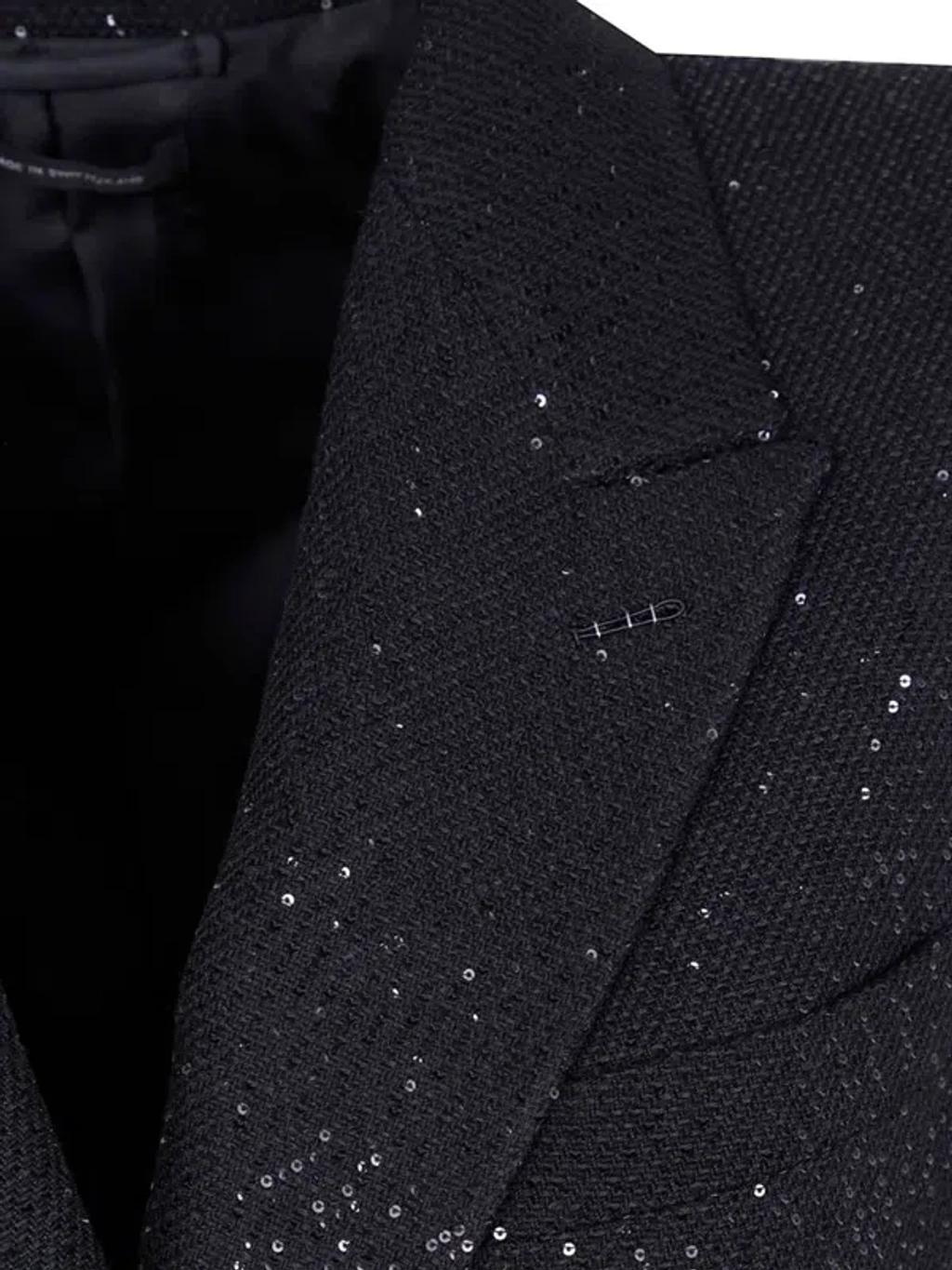 TOM FORD Sequined Wool Blend Crepe Double Breasted Coat In Black Product Image