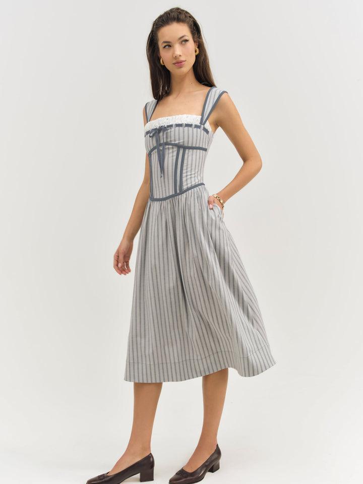 Linen Stripe Midi Dress — Blue Product Image