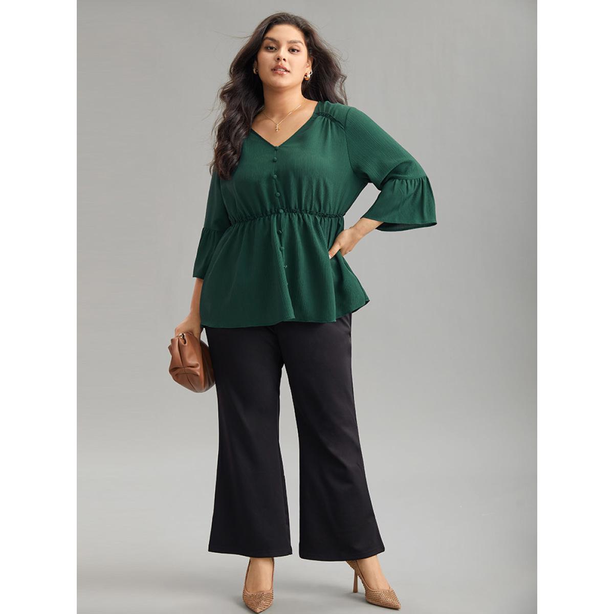 Plus Size DarkGreen Plisse Button Detail Elastic Waist Blouse Women Work From Home Elbow-length sleeve V-neck Office Blouses BloomChic 22-24/3X Product Image