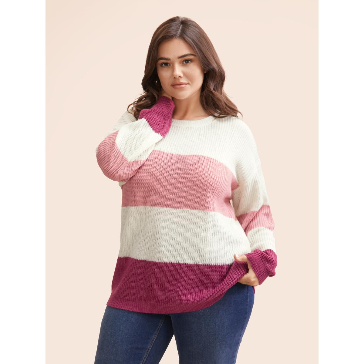 Plus Size Round Neck Colorblock Contrast Pullover RedViolet Women Casual Long Sleeve Round Neck Everyday Pullovers BloomChic 10/M Product Image