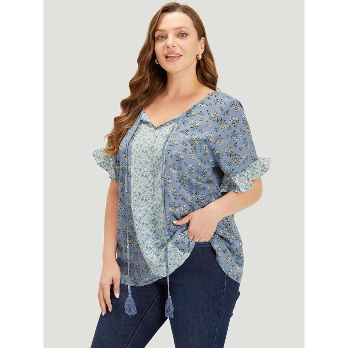 Plus Size Stone Ditsy Floral Tassels Tie Patchwork Ruffle Sleeve Blouse Women Elegant Short sleeve Tie Neck Dailywear Blouses BloomChic 12/L Product Image