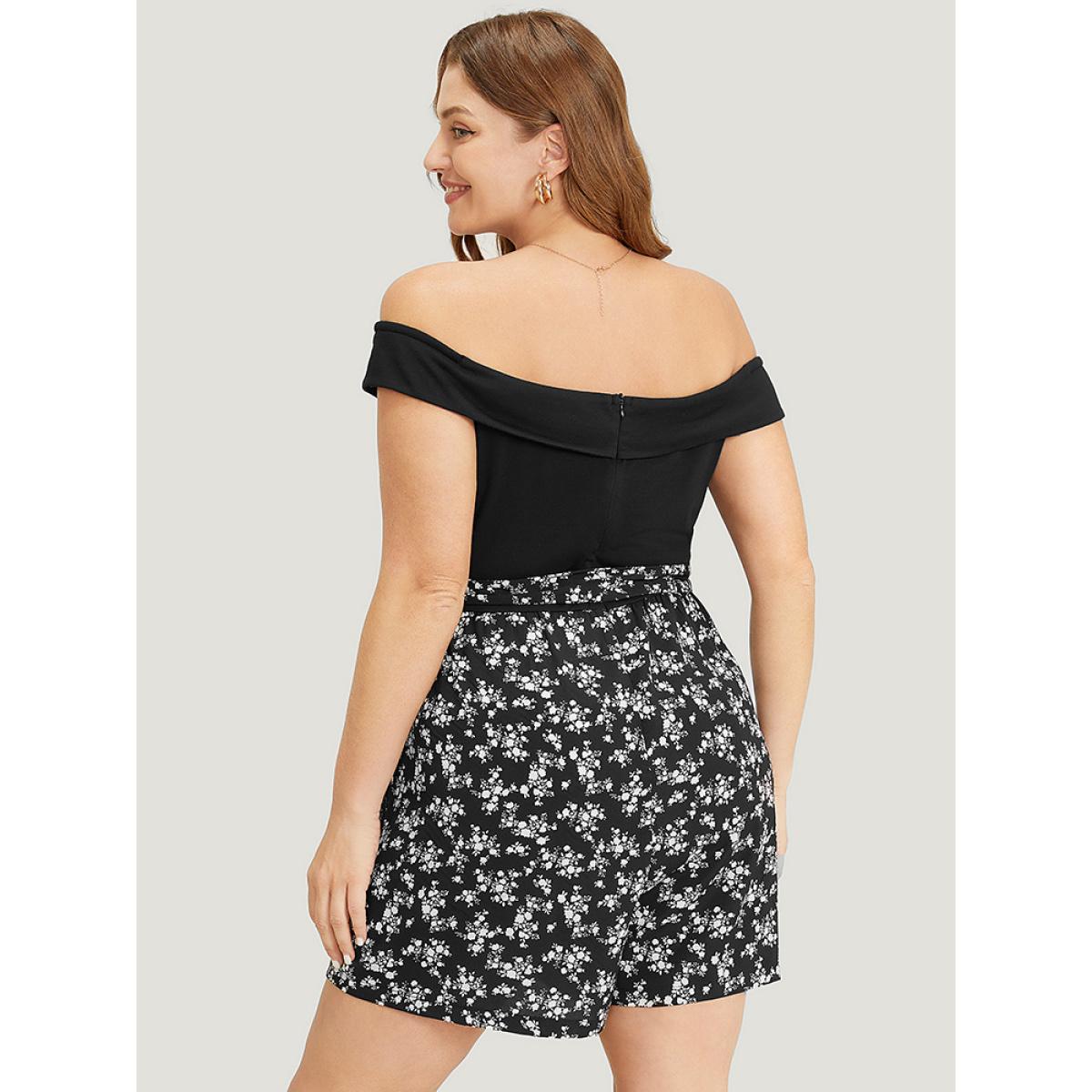 Plus Size Black Ditsy Floral Patchwork Pocket Belted Off Shoulder Romper Women Elegant Sleeveless One-shoulder neck Dailywear Loose Jumpsuits BloomChic 26/4X Product Image