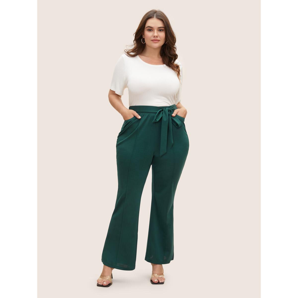 Plus Size Plain Tie Knot Mid Rise Bootcut Pants Women DarkGreen Elegant Bootcut Mid Rise Everyday Pants BloomChic 12/L Product Image