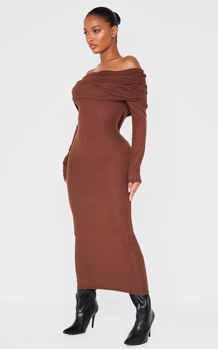 Shape Chocolate Rib Bardot Long Sleeve Maxi Dress Product Image
