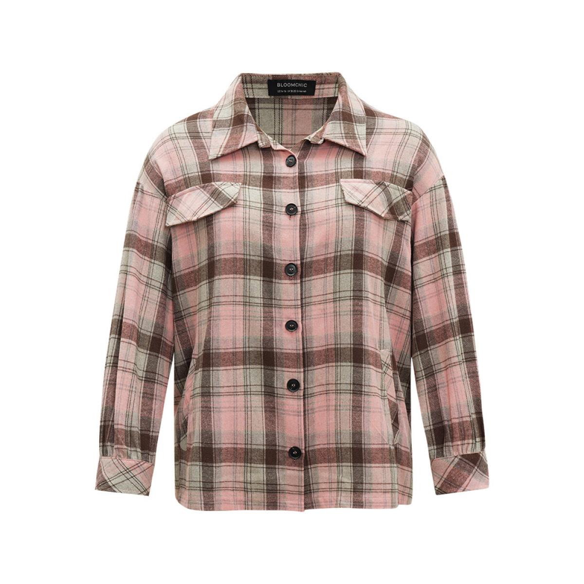 Plus Size Plaid Contrast Flap Pocket Button Fly Shacket Women Watermelon Casual Contrast Ladies Dailywear Winter Coats BloomChic 30/6X Product Image