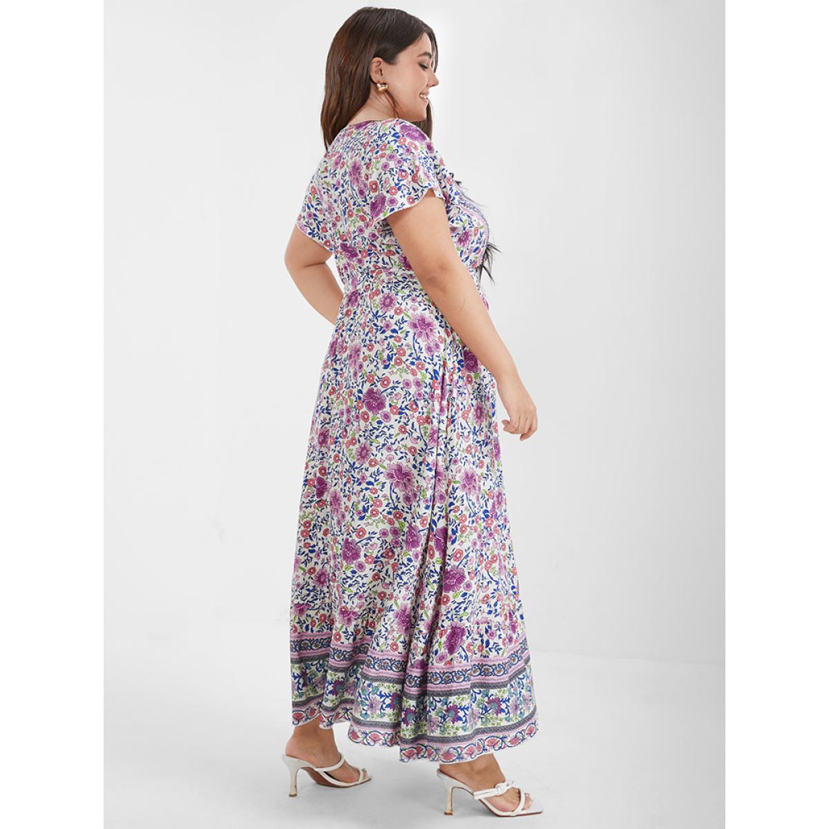 Boho Elegant Flutter Plus Size Women Midi Dress Vacation Bohemian Print Ties Bodycon Ruffle Sleeve Short Sleeve V Neck Belt Dailywear Long Dress BloomChic Product Image