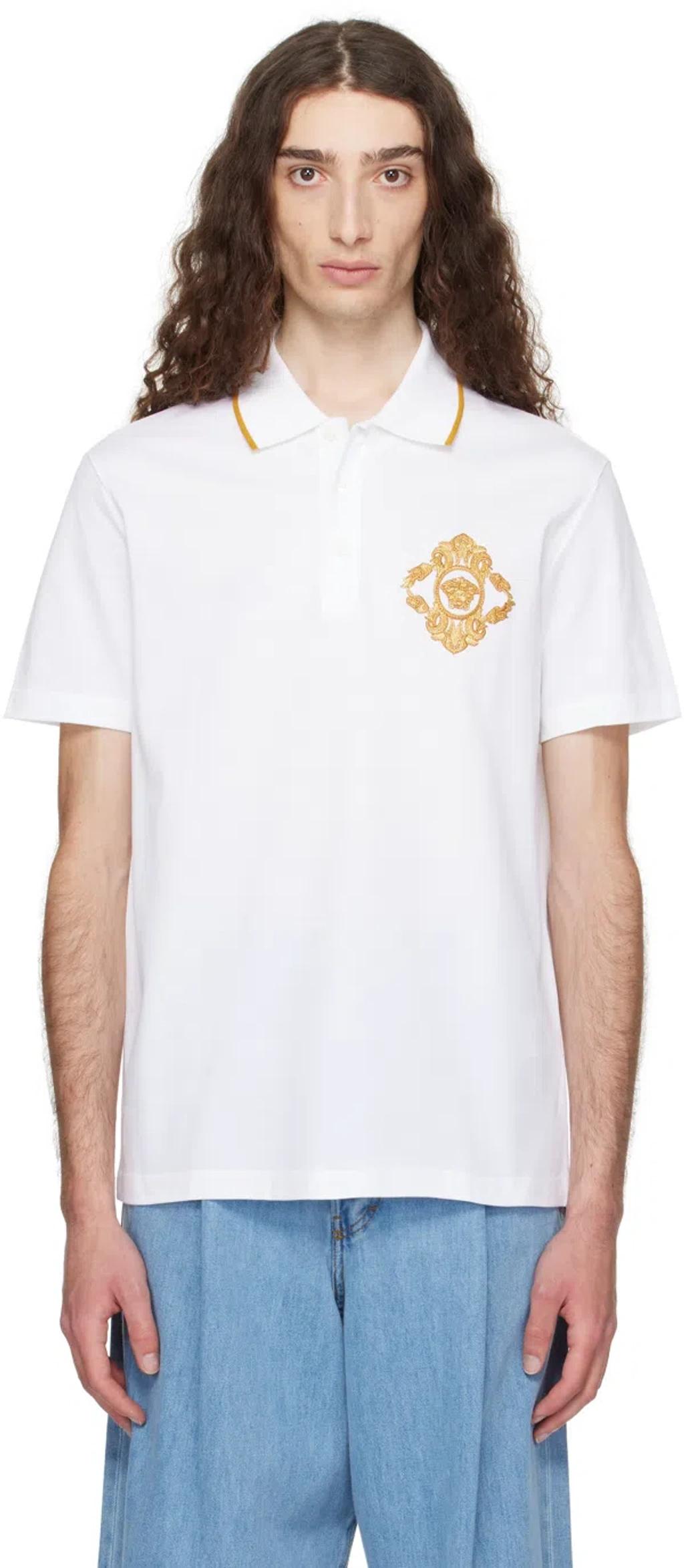 VERSACE Embroidered Architectural Baroque Polo T-shirt In White Product Image