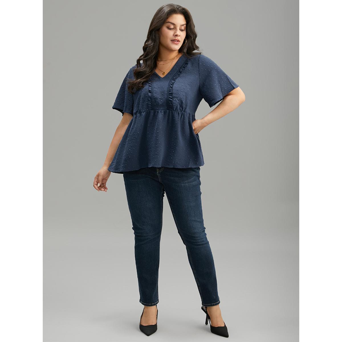 Plus Size Indigo Plain Texture V Neck Lace Patchwork Frill Trim Blouse Women Elegant Short sleeve V-neck Dailywear Blouses BloomChic 30/6X Product Image