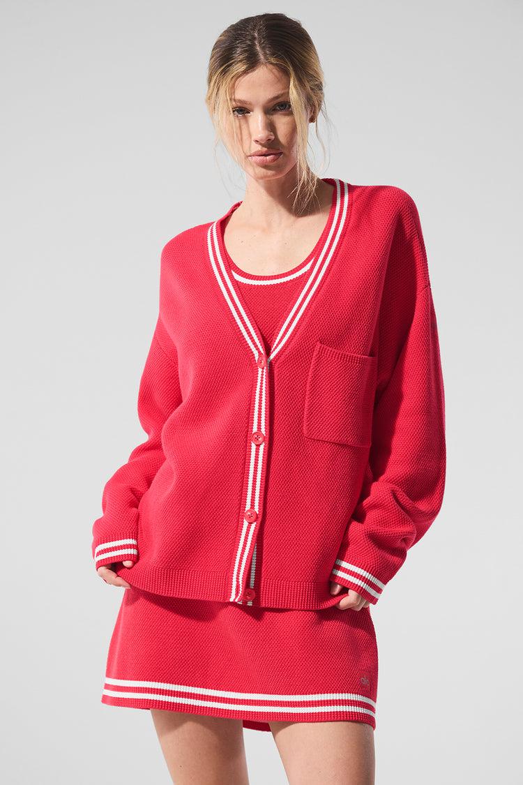 Tennis Club Sweater Knit Cardigan - Candy Red/White Product Image